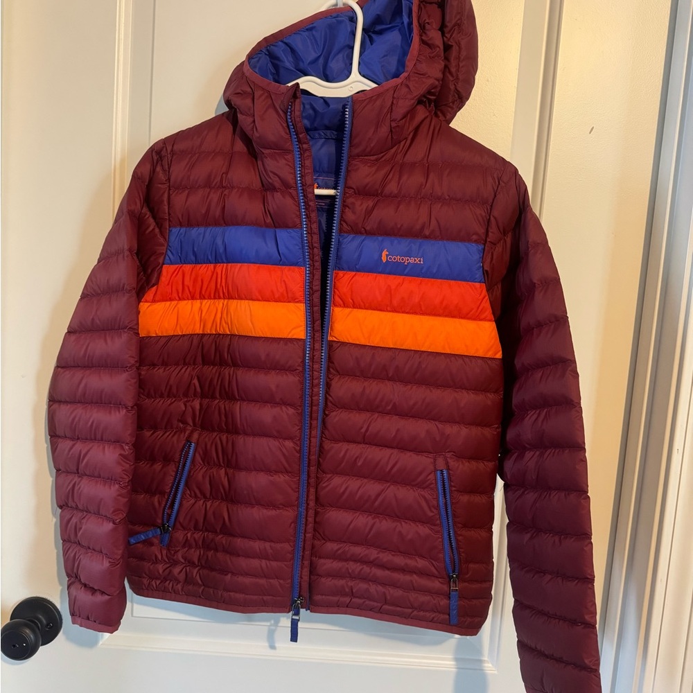 Cotopaxi Maroon Jacket with Multicolor Stripes